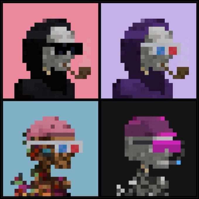 Four pixel art portraits of a skull-like character smoking a pipe, shown in different color schemes (black/white on pink, purple/blue on lavender, pink hat on blue, purple hat on black).