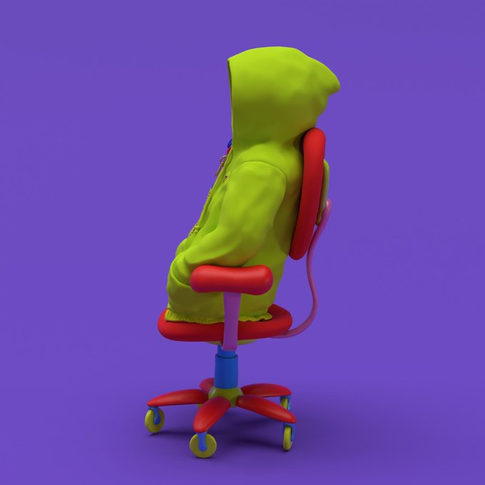 A 3D-rendered character wearing a lime green hoodie sitting on a red office chair against a purple background, viewed from the side.