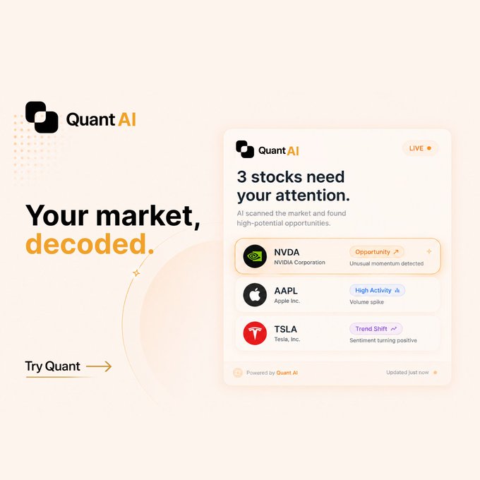 A promotional graphic for "Quant AI" with the tagline "Your market, decoded." showing a notification card highlighting three stocks: NVDA (NVIDIA Corporation, Opportunity), AAPL (Apple Inc., High Activity), and TSLA (Tesla, Inc., Trend Shift).