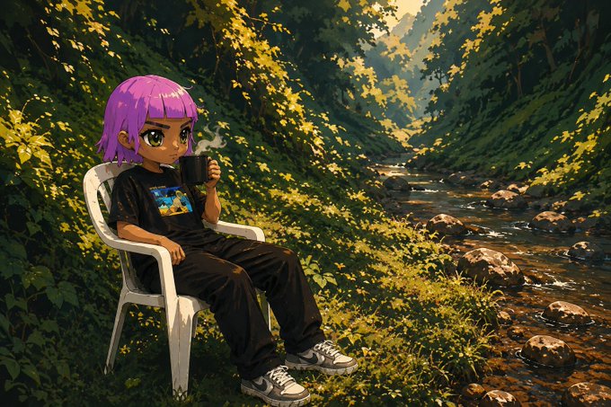 An anime-style illustration of a character with short purple hair sitting in a white plastic chair by a stream in a forest, holding a mug of a hot beverage.
