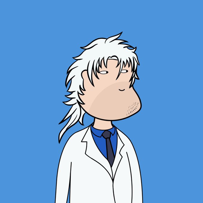 A cartoon character with shaggy white hair, stubble, and an exaggerated chin is drawn wearing a white lab coat, blue shirt, and black tie against a solid blue background, visually representing a "GM" (good morning) greeting in a scientist-like style that complements the cheerful "Gm NFTs" post.