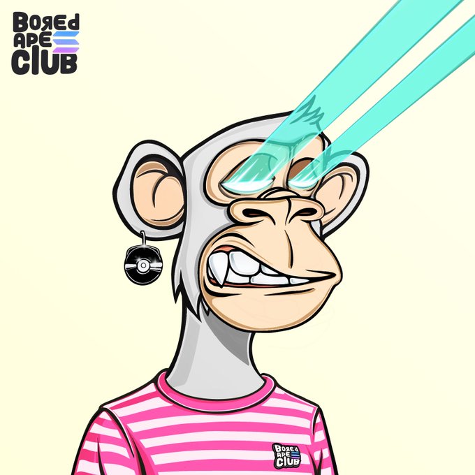 An illustration of an angry-looking cartoon ape with laser eyes shooting from its forehead, branded with the Bored Ape Club logo and wearing a pink and white striped shirt.