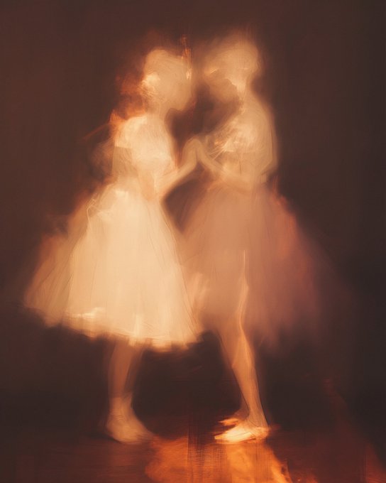 A blurry, dreamlike artwork depicting two ballet dancers in light-colored tutus facing each other against a dark background, with warm orange and amber tones creating a glowing effect.