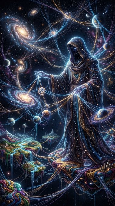 A digital illustration of a cloaked cosmic figure weaving glowing threads of energy through a space filled with galaxies and planets.
