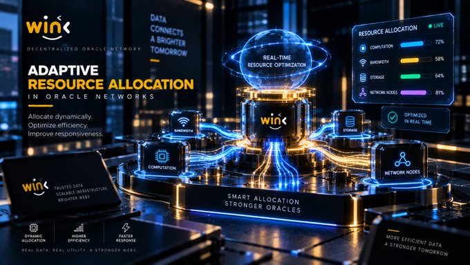 A digital graphic for 'WINK Decentralized Oracle Network' promotes 'ADAPTIVE RESOURCE ALLOCATION' with statistics for computation, bandwidth, storage, and network nodes, alongside a hologram of a golden device.