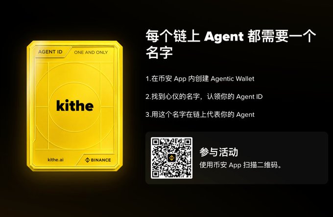 A Binance promotional graphic featuring a gold 'Agent ID' card labeled 'kithe' alongside Chinese text explaining that every on-chain Agent needs a name, with steps to claim via the Binance App and a QR code.
