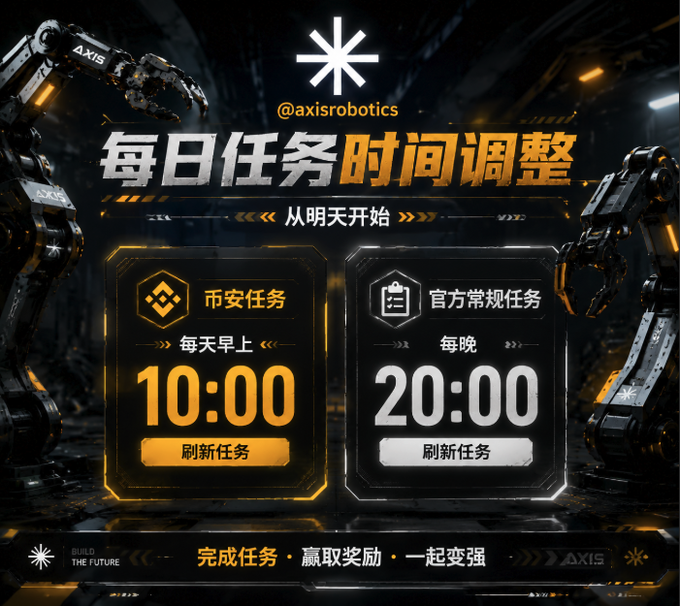 An announcement graphic from @axisrobotics in Chinese displaying daily task schedule changes, showing 币安任务 (Binance tasks) at 10:00 daily and 官方常规任务 (Official regular tasks) at 20:00 nightly.