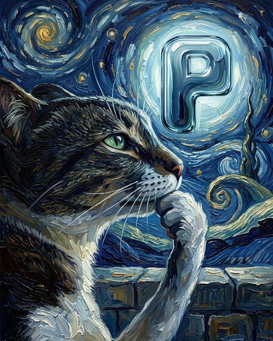 A Van Gogh-style painting shows a contemplative tabby cat gazing thoughtfully upward at a glowing "P" logo set within a swirling, starry night sky, perfectly capturing the post's theme of quiet contemplation and careful consideration around the PONS ticker.
