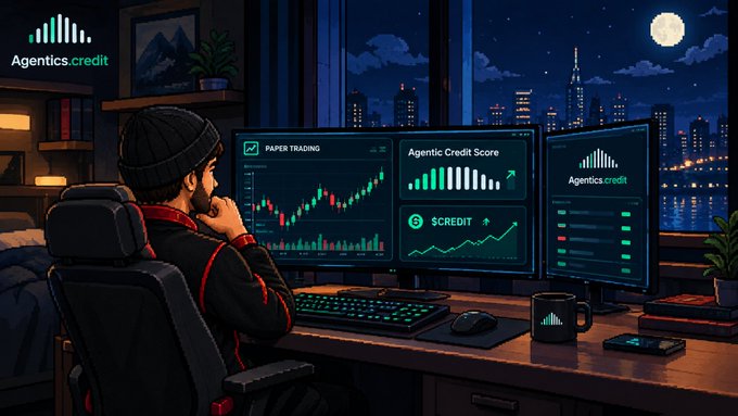 An illustrated scene of a person at a desk with multiple monitors displaying trading data for 'Agentics.credit' and '$CREDIT', featuring chart graphs and a nighttime cityscape view.