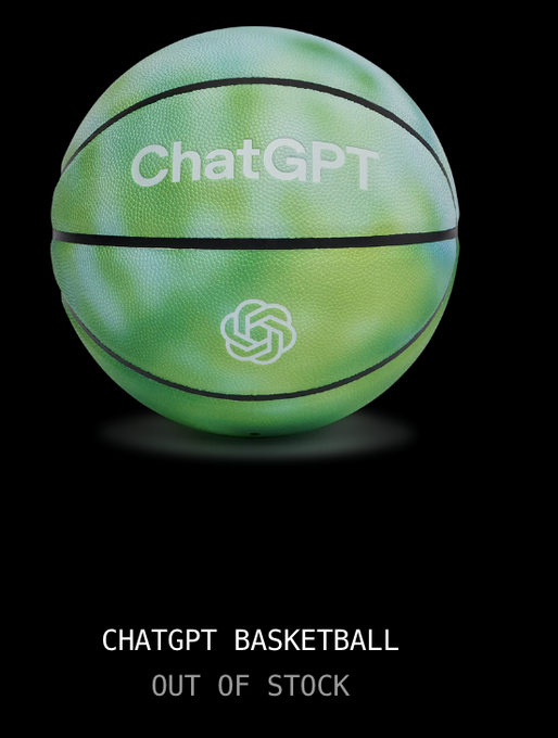 A green basketball with a swirling pattern displays the ChatGPT logo and the text 'ChatGPT', with 'CHATGPT BASKETBALL OUT OF STOCK' written below on a black background.