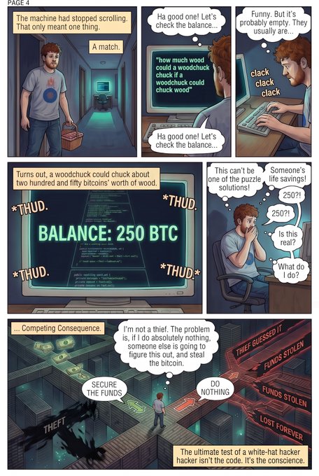 Page 4 of a comic showing a hacker discovering a wallet with 'BALANCE: 250 BTC' and grappling with the ethical choice between 'SECURE THE FUNDS' or 'DO NOTHING', ending with the narration: 'The ultimate test of a white-hat hacker isn't the code. It's the conscience.'