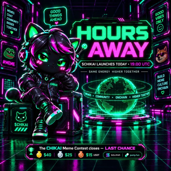 A vibrant neon cyberpunk promotional graphic announces "$CHIKAI launches today at 19:00 UTC" with bold green and pink text reading "HOURS AWAY," featuring a cute cat-eared mascot character sitting beside a glowing green digital globe. The image highlights the "CHIKAI Meme Contest closes — LAST CHANCE" with prize tiers of $40, $25, and $15 USDT, alongside tags including @CHIKAI_sol, #Chikai_Contest, and platform mentions of Solana and pump.fun, visually reinforcing the post's announcement of both the contest deadline and the token's upcoming launch.