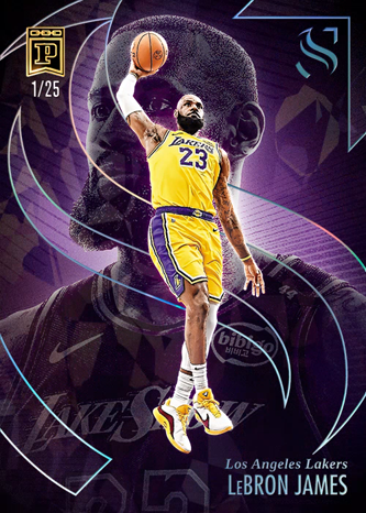 A Topps Now trading card (1/25) featuring LeBron James in a yellow Los Angeles Lakers #23 jersey shooting a basketball, with a purple Lakers-themed background.