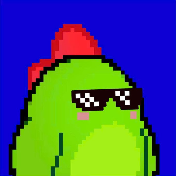 A pixel art image shows a green blob character wearing black "thug life" style sunglasses and a red backward cap, set against a solid blue background. The character's confident, "cool" pose visually represents the post's message about seeking Web3 applications that provide effortless, low-maintenance solutions to everyday problems.