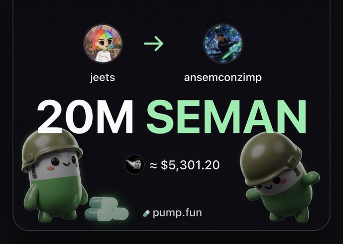 A pump.fun promotional graphic celebrating a token transition from 'jeets' to 'ansemconzimp', showing a market cap of approximately $5,301.20 and '20M SEMAN' flanked by two green cartoon characters in military helmets.
