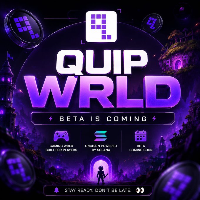 A vibrant purple promotional poster for 'QUIP WRLD' announcing 'BETA IS COMING', highlighting features like 'Gaming WRLD Built for Players', 'Onchain Powered by Solana', and 'Beta Coming Soon'.