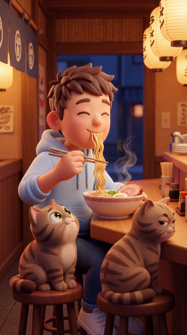 A 3D animated illustration of a young boy happily eating noodles with chopsticks at a ramen counter, with two cats sitting on stools beside him in a warmly lit Japanese restaurant decorated with paper lanterns.