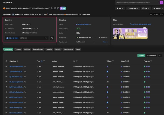 A Solana blockchain account dashboard showing a wallet with a Total Value of $604,818.97, 2.115469082 SOL, and 2 Tokens ($604,597.7), displaying transaction history including submit_signatures and withdraw_collateral actions.