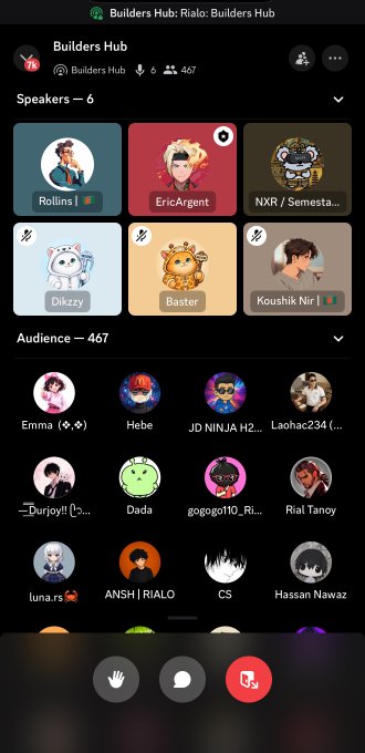 A Clubhouse app screenshot titled 'Builders Hub: Rialo: Builders Hub' showing 6 speakers including 'Rollins', 'EricArgent', 'NXR / Semesta...', 'Djkzzy', 'Baster', and 'Koushik Nlr', with an audience of 467 members.