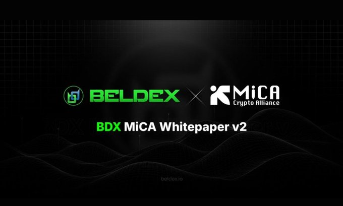 A promotional graphic displays the 'BELDEX' and 'MiCA Crypto Alliance' logos with the text 'BDX MiCA Whitepaper v2' and 'beldex.io' at the bottom.