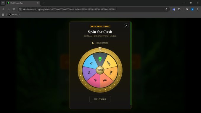 A browser screenshot from Death Mountain (deathmountain.gg) shows a "FREE PRIZE DRAW - Spin for Cash" pop-up featuring a colorful prize wheel offering rewards like 0.048 CASH, $1, and a x2 multiplier, with the text noting "YOU HAVE ONE SPIN EVERY 3 DEATHS." This relates to the post by showcasing the new lottery/spin-of-doom feature in the Loot Survivor dungeon, where players get a chance to win cash prizes, multipliers, or lose it all on a death.