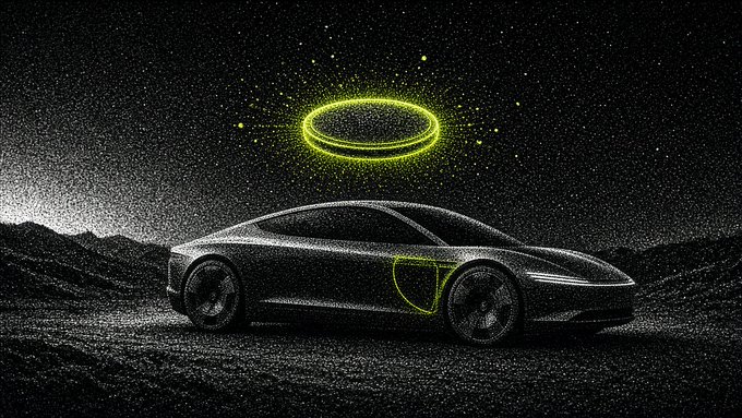 A stylized image of a sports car on a rocky surface at night, illuminated by a glowing green halo hovering above it.