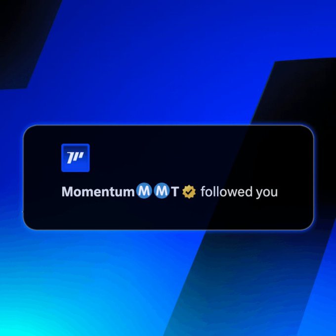 A notification card on a blue background displays a stylized "M" logo alongside the text "Momentum MMT ⚙️ followed you." The image serves as a visual follow-back prompt, reinforcing the post's call for users to connect with the Momentum MMT account on the SUI network.