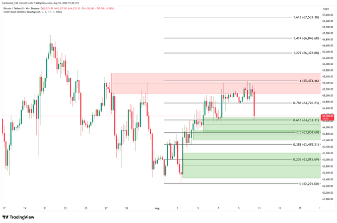 The image displays a Bitcoin/USD 4-hour candlestick chart on TradingView, currently showing BTC at 63,219.39, with price action testing the 0.618 Fibonacci retracement level (64,233.31) near a highlighted buy order block zone. The chart illustrates recent consolidation between the green support area around 0.382–0.236 retracements and the red supply zone near the 1.0 extension at 65,674.46.