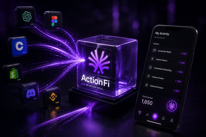 A promotional image for 'ActionFi BY ACTION MODEL' showing a glowing purple cube with various app icons connected via light beams, alongside a phone displaying 'My Activity' with 1,650 points earned.