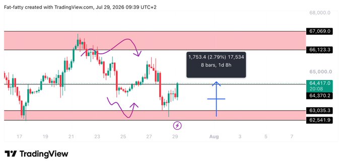 A Bitcoin (BTC) TradingView chart shows price action between $62,541.9-$68,000 with key levels at $67,069, $66,123.3, $64,417, $64,370.2, $63,035.3 marked by red resistance/supply zones, highlighting a potential 2.79% (1,753.4 point) move over 8 bars with purple arrows indicating expected short-term direction around July 29, 2026.