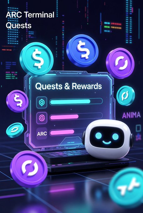 A neon-styled digital graphic titled 'ARC Terminal Quests' showing floating coin icons around a 'Quests & Rewards' panel with a small robot character.
