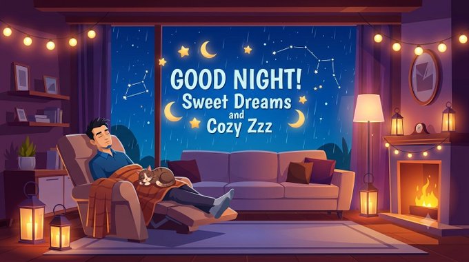An illustration of a cozy nighttime scene with a man sleeping in an armchair with a cat and dog, a lit fireplace, string lights, lanterns, and a large window showing a starry night sky with the text 'GOOD NIGHT! Sweet Dreams and Cozy Zzz' surrounded by moons and stars.