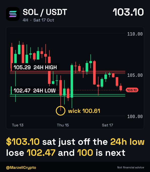 A cryptocurrency chart showing SOL/USDT trading at $103.10, with text indicating the price sits just off the 24H low of 102.47, and a wick reaching 100.61. Captioned by @MarzellCrypto with a disclaimer 'Not financial advice'.