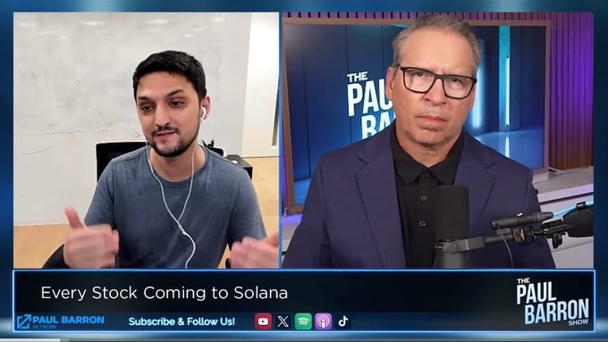 https://t.me/DePlexplore indicates this is a video screenshot from 'The Paul Barron Show' discussing 'Every Stock Coming to Solana,' featuring two men on a split-screen broadcast.