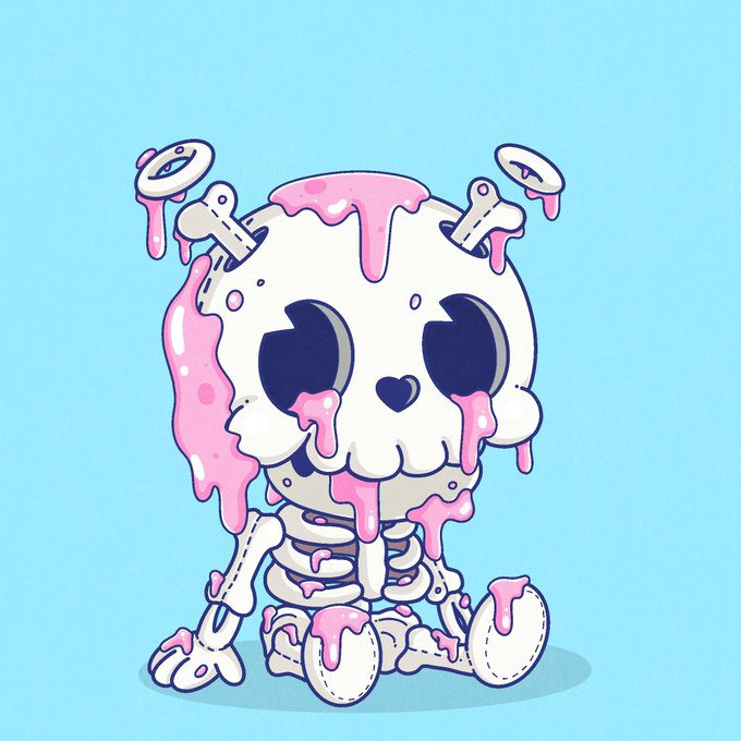 A cartoon illustration of a white skeleton with pink liquid dripping over it, featuring a heart-shaped nose and dark eyes, set against a turquoise background.