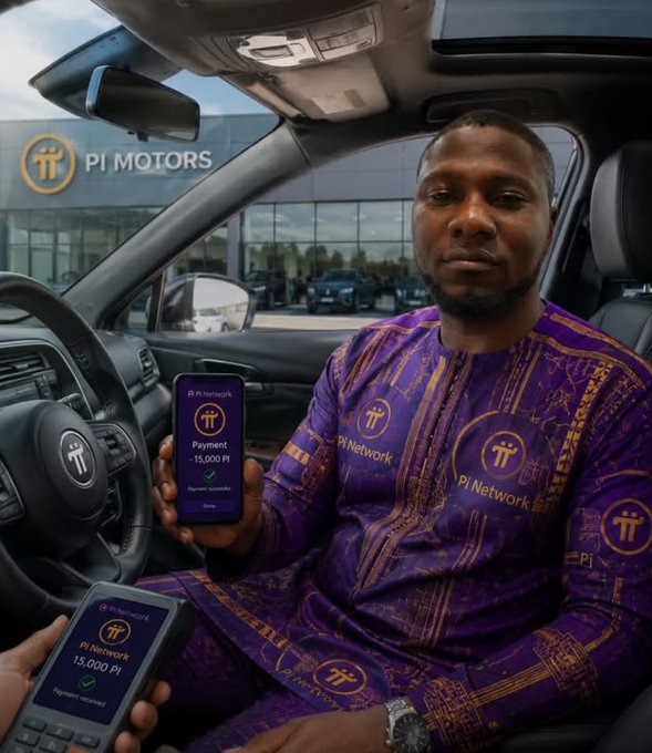 A man in a purple "Pi Network" dashiki sits inside a car at a "Pi Motors" dealership, holding up a phone displaying a successful payment of "15,000 PI," while another device in the foreground shows a "15,000 PI Payment successful" confirmation—satirically suggesting that Pi Network can now be used to purchase real cars, humorously challenging the notion that Pi mining is obsolete.