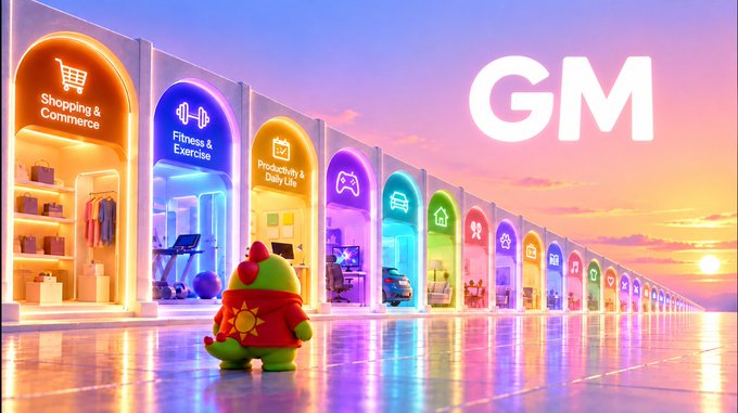 A small green character wearing a red hoodie looks at a futuristic row of colorful, arched storefronts labeled with categories like "Shopping & Commerce" and "Fitness & Exercise," with the letters "GM" in the sky.