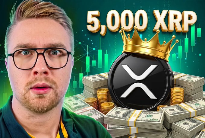 A YouTube-style thumbnail featuring a man with glasses next to text reading "5,000 XRP" alongside a black XRP coin wearing a crown, stacks of cash, and a green stock chart.
