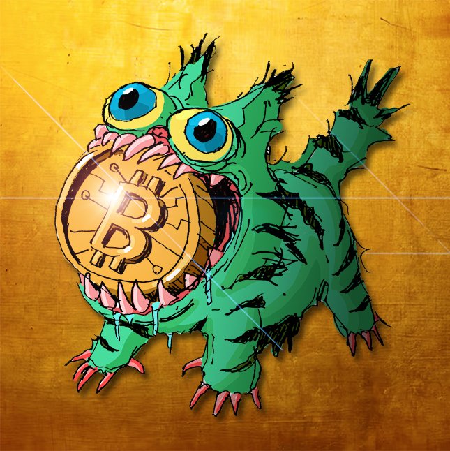 A cartoon illustration shows a green monster with bulging blue eyes and a wide toothy mouth holding a gold Bitcoin (₿) coin against a yellow background.