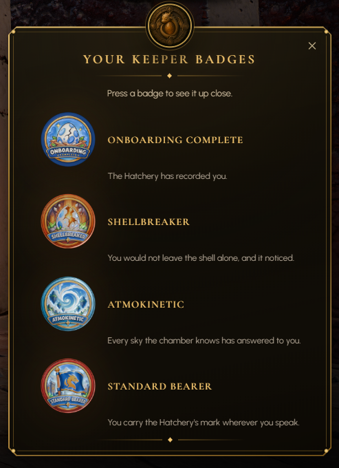 A digital interface titled 'YOUR KEEPER BADGES' displays four achievement badges: 'ONBOARDING COMPLETE', 'SHELLBREAKER', 'ATMOKINETIC', and 'STANDARD BEARER', each with a corresponding description.