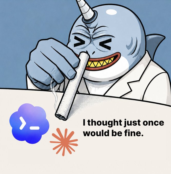 A cartoon shark with a narwhal horn smokes a cigarette alongside the text "I thought just once would be fine," paired with the Cloudwalk (CWC) logo. The image humorously depicts a moment of weakness or temptation, aligning with the post's theme of trying a new crypto project ("DeAgent") with the playful invitation to "be your Claude."