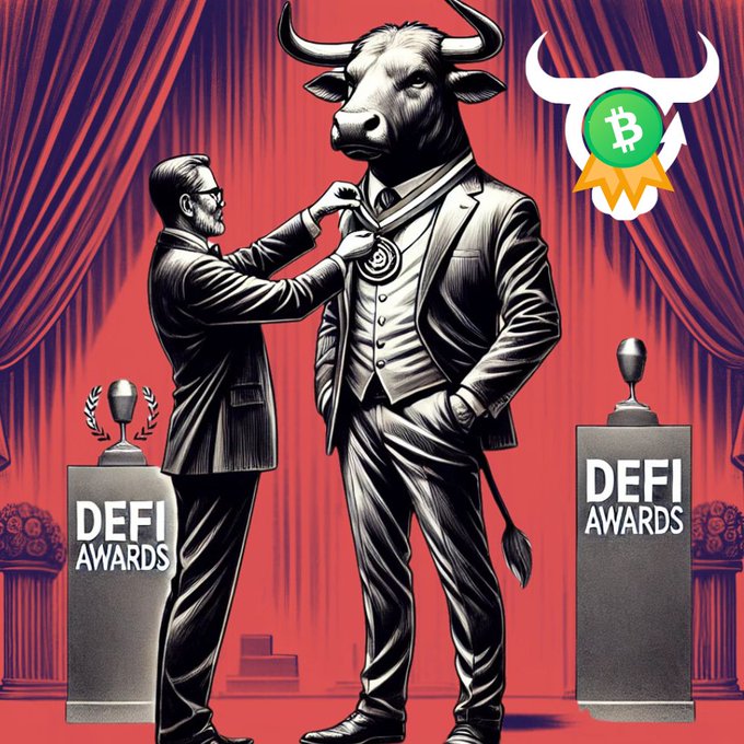A stylized illustration shows a person pinning a medal onto a bull-headed figure in a suit, flanked by 'DEFI AWARDS' podiums and a Bitcoin logo.