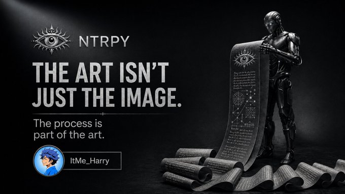 A dark promotional graphic with the 'NTRPY' eye logo, featuring a metallic humanoid figure holding an unrolled scroll, with text reading 'THE ART ISN'T JUST THE IMAGE. The process is part of the art.' and a username 'ItMe_Harry'.