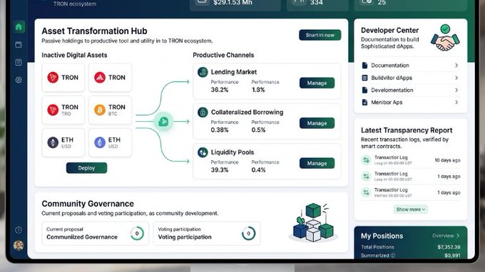 A dashboard interface titled 'Asset Transformation Hub' shows TRON ecosystem details including Inactive Digital Assets (TRON, ARON, ETH) and Productive Channels like Lending Market, Collateralized Borrowing, and Liquidity Pools with performance metrics.