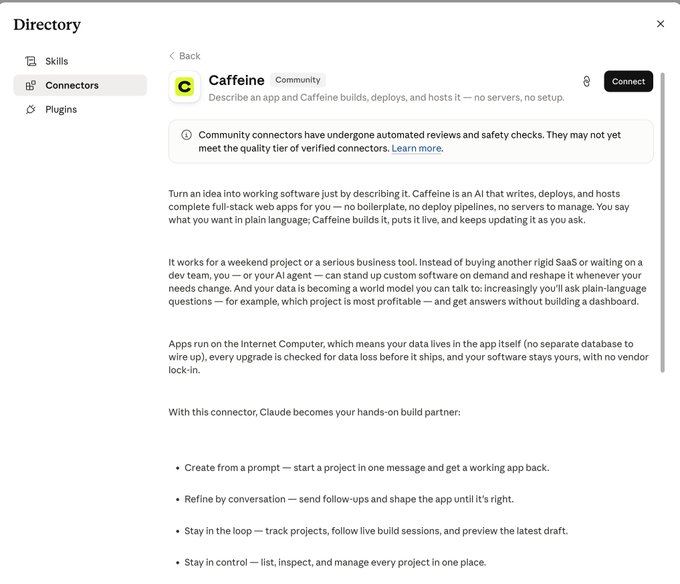 The image shows a Directory interface featuring the "Caffeine" community connector for Claude, which describes itself as an AI that "writes, deploys, and hosts complete full-stack web apps" by running on the Internet Computer, aligning with the $ICP post.