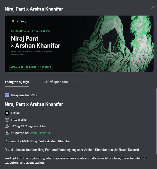 An event listing for a Community AMA titled "Niraj Pant x Arshan Khanifar" featuring Ritual Labs co-founders, scheduled for Wednesday August 12 at 14:00 UTC, hosted on the Ritual Discord with 167 people interested.