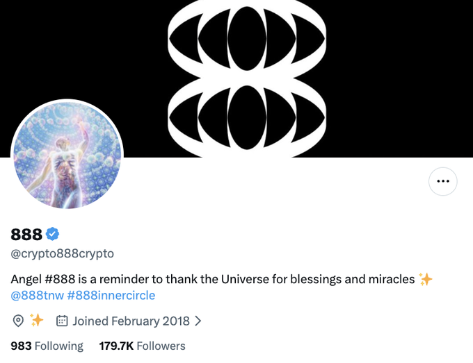The image shows a Twitter/X profile for "888" (@crypto888crypto), featuring an "888" logo header and an angel-themed profile picture, with the bio reading "Angel #888 is a reminder to thank the Universe for blessings and miracles." The post's caption suggests that NFTs haven't truly returned until high-profile collections like 888 (associated with Tom Wilson/888 Inner Circle) launch new drops.