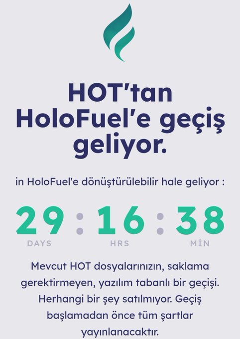 A promotional graphic in Turkish announcing the transition of HOT token to HoloFuel, featuring a countdown timer showing 29 days, 16 hours, and 38 minutes remaining.