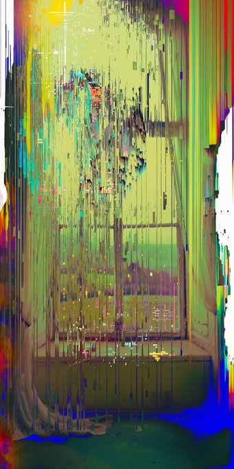 A glitchy, abstract digital artwork featuring vertical streaks of yellow, green, blue, and pink colors with drips and distorted shapes.