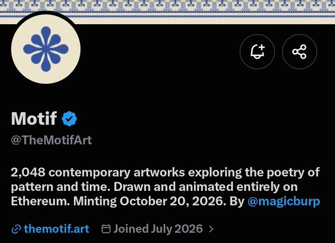 Twitter/X profile for 'Motif' (@TheMotifArt) featuring a blue flower logo, describing 2,048 contemporary artworks exploring pattern and time on Ethereum, minting October 20, 2026, by @magicburp.